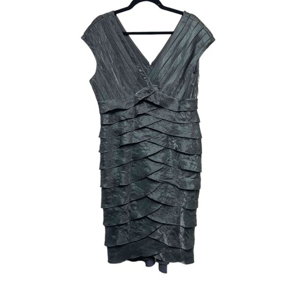 Adrianna Papell Cocktail Evening Shutter Pleat Tier Sheath Charcoal Grey Dress - Picture 1 of 6